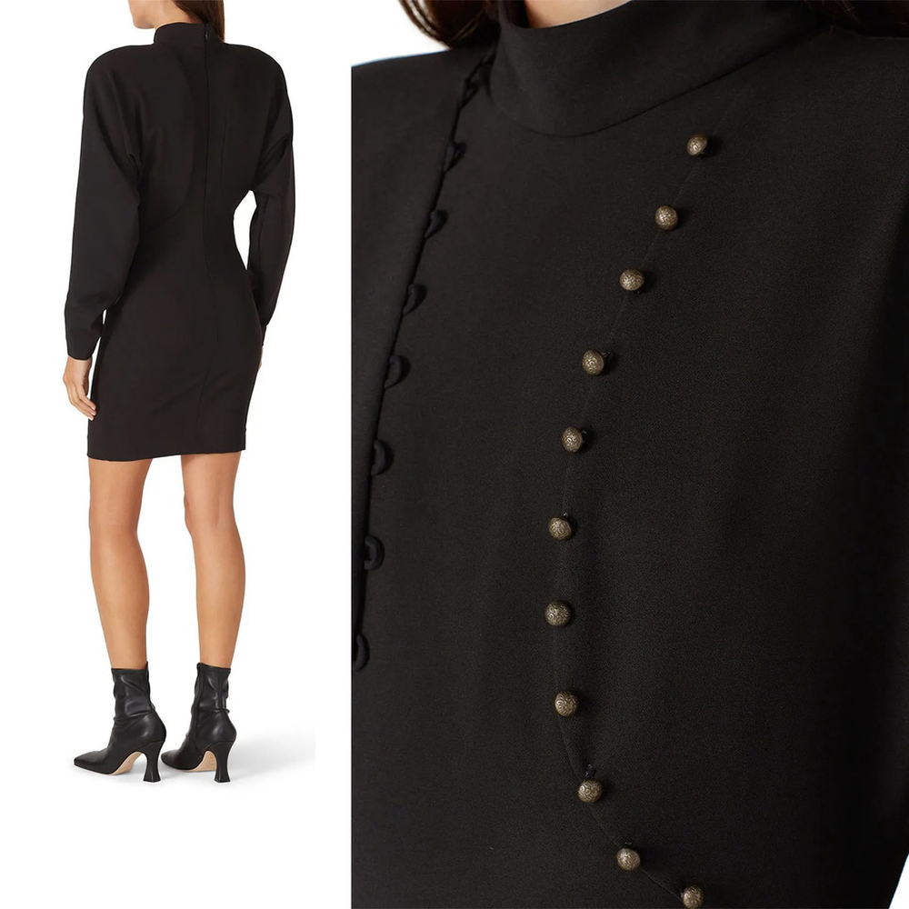 Nicole Miller Black Puff Sleeve Button Dress Mock Neck Women's $395 - Size 10 - Picture 3 of 14